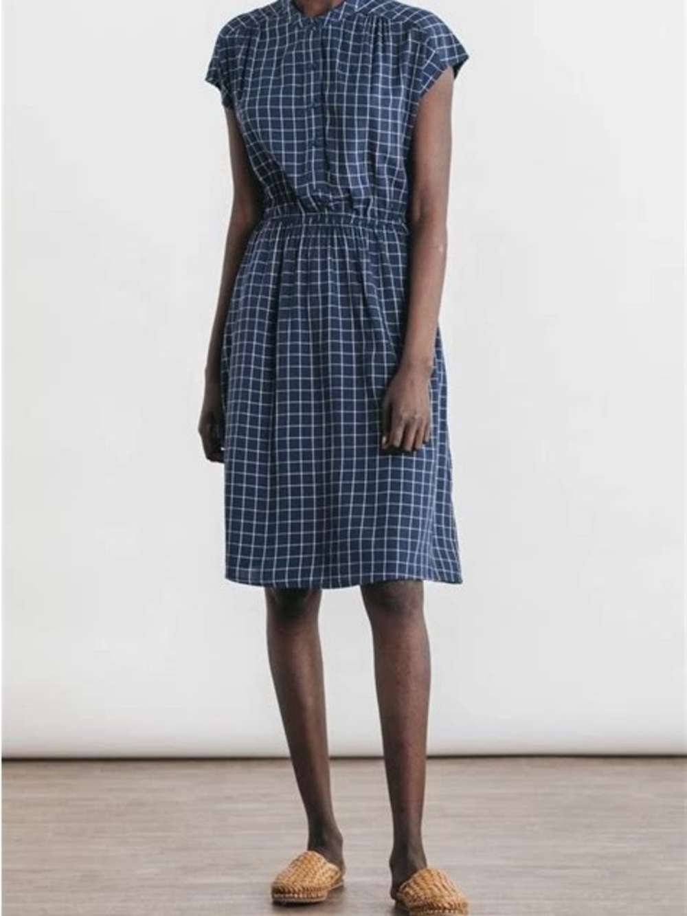 Bridge & Burn Lorane Navy Windowpane Waist-Elastic Dress medium